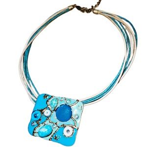 Vintage Metal Blue & Silver Abstract Art Necklace